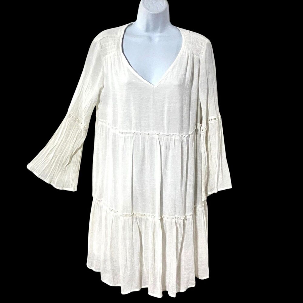 White Indigo Rose Gauze L Ruffled Tiered dress Shirred Shoulders Bell Sleeve